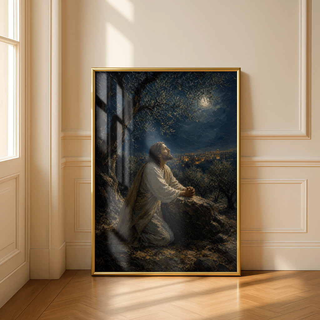 Jesus Praying in Gethsemane Poster, Christian Wall Art, Biblical Oil Painting Print