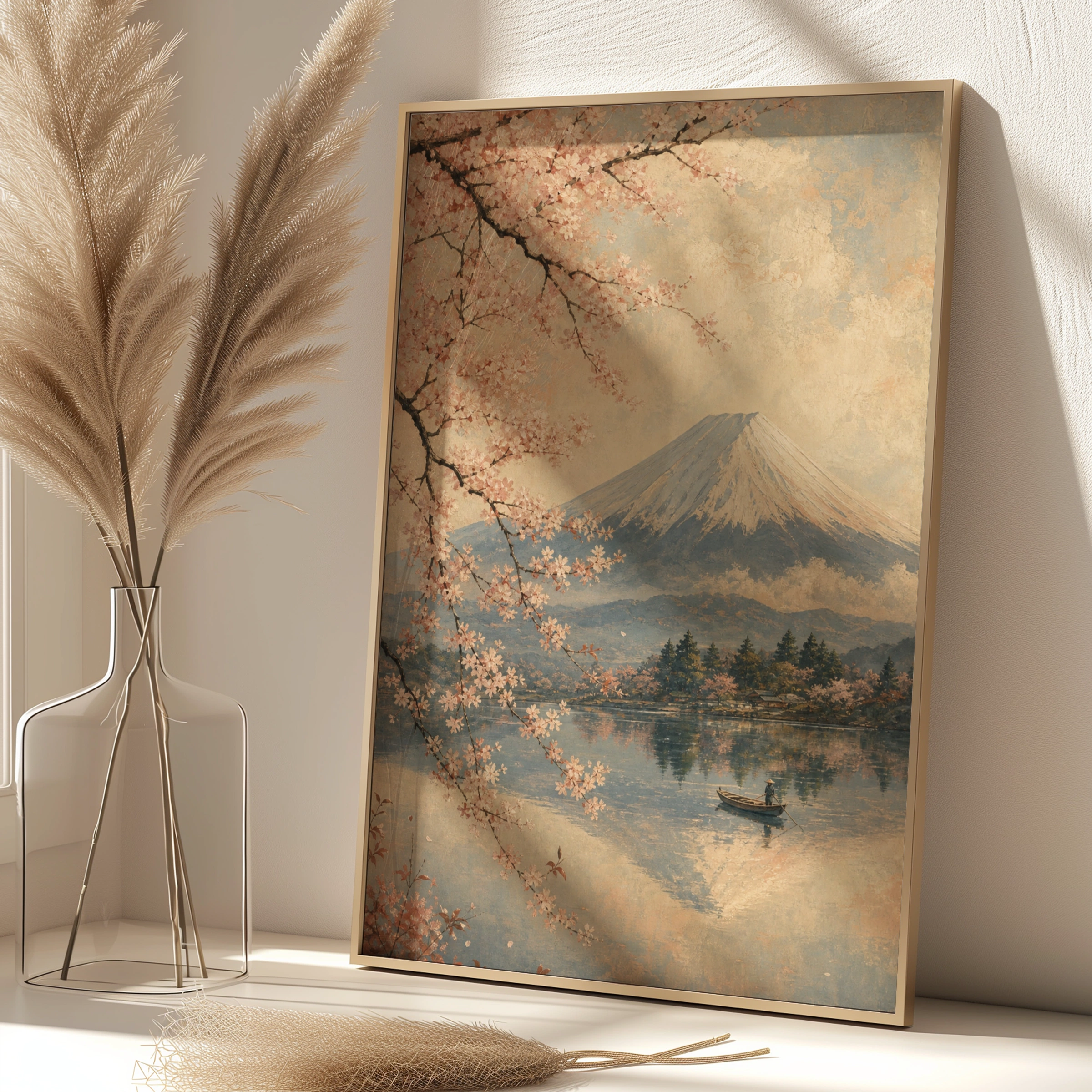 Mount Fuji Cherry Blossom Poster, Japanese Wall Art, Vintage Sakura Lake Print