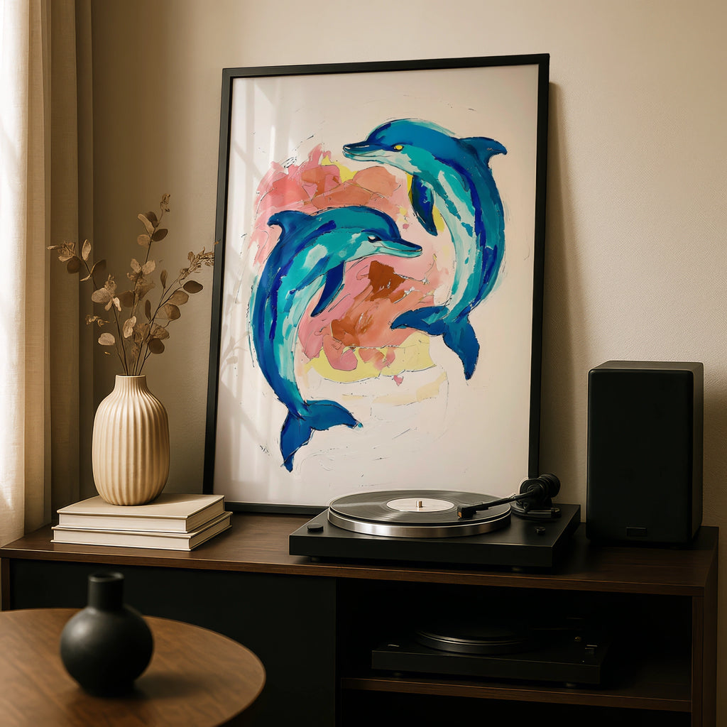 Dolphin Wall Art, Colourful Ocean Animal Poster, Teal Blue Painted Dolphins Print