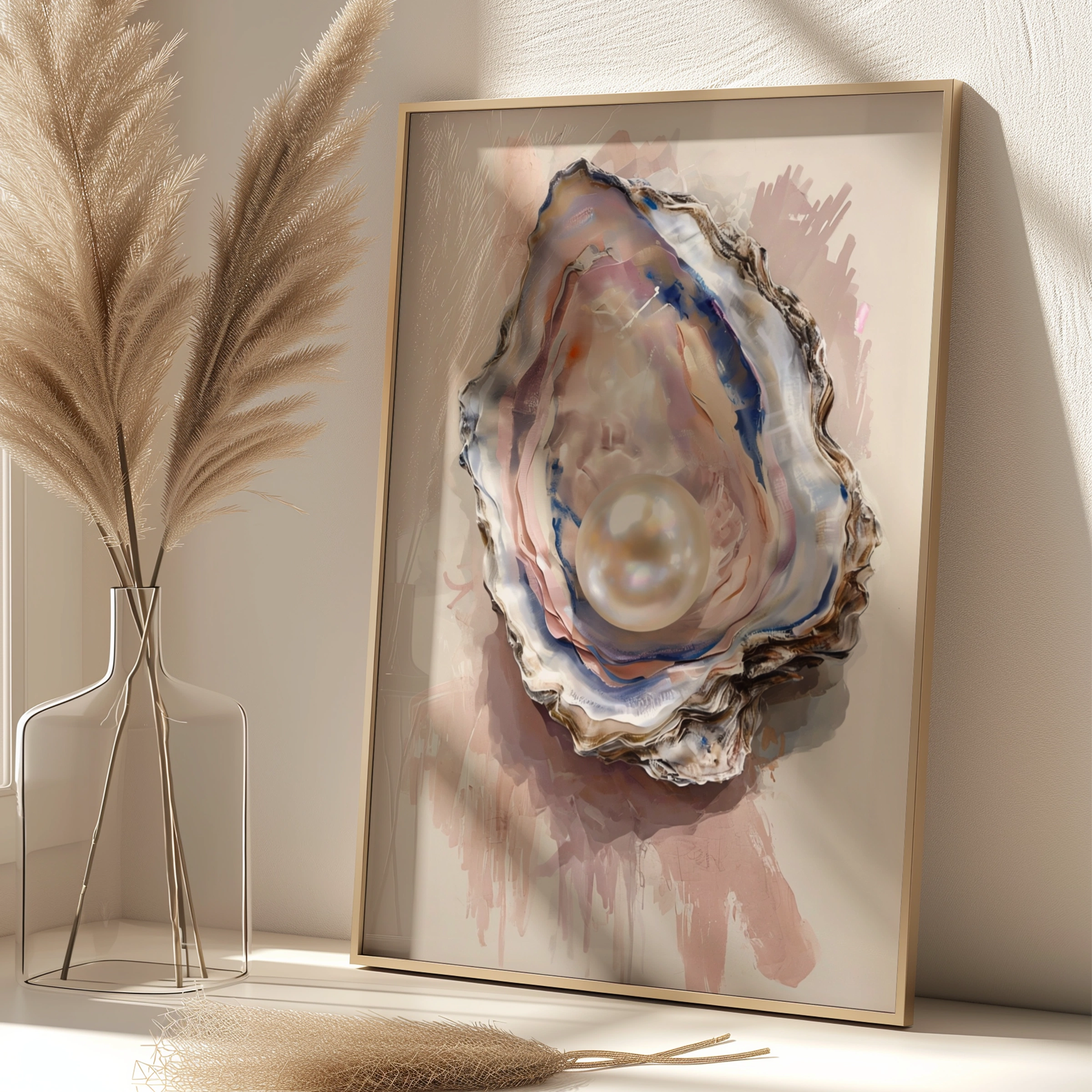Oyster Pearl Poster, Coastal Wall Art, Blush Pink Navy Watercolour Shell Print, Ocean