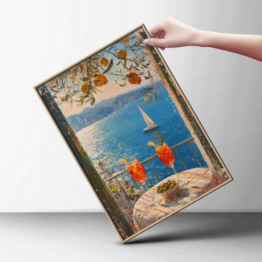 Mediterranean Aperitivo Sea View Poster, Italian Spritz Balcony Wall Art Print