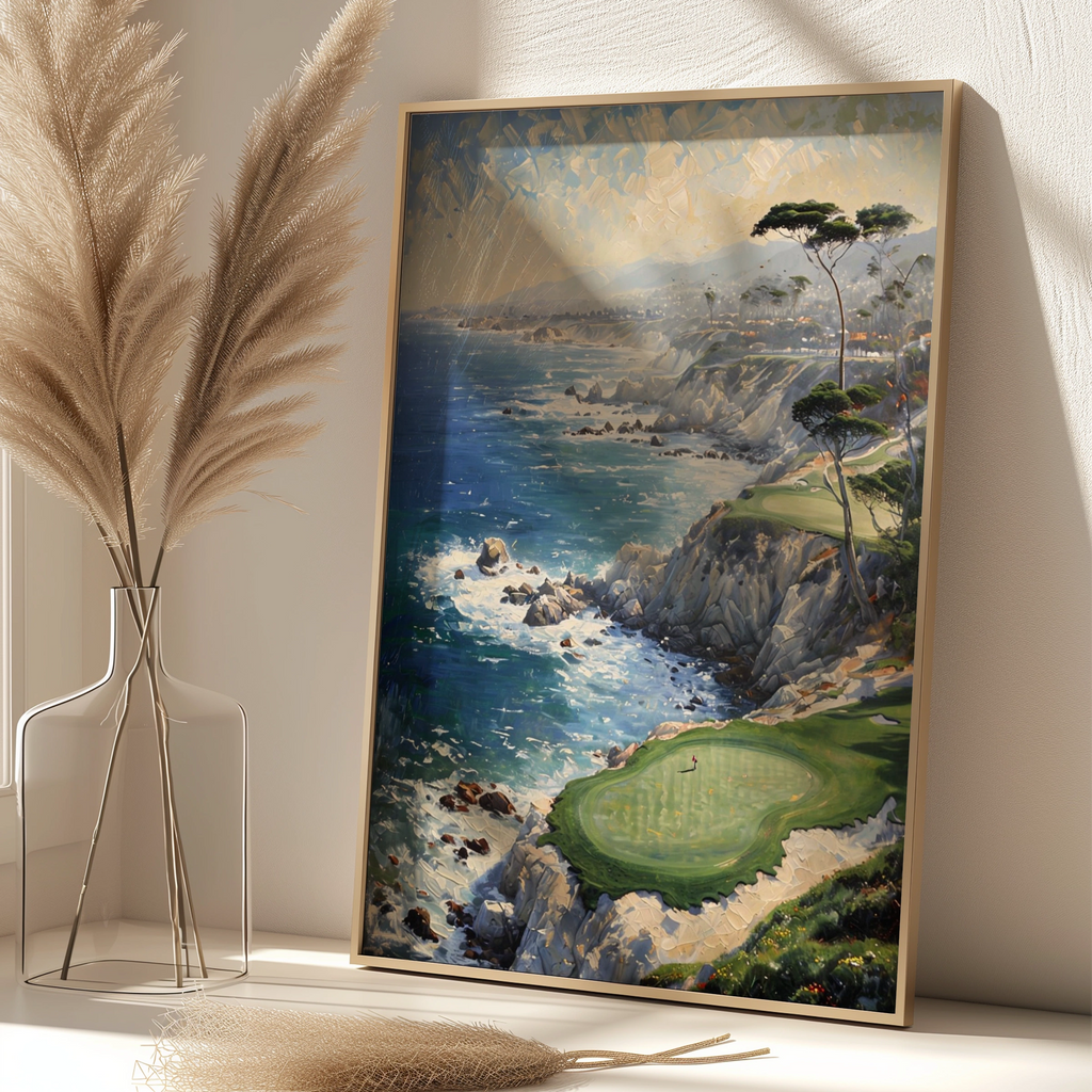 Coastal Golf Course Painting Poster, Cliffside Ocean Art, Golf Wall Art Print